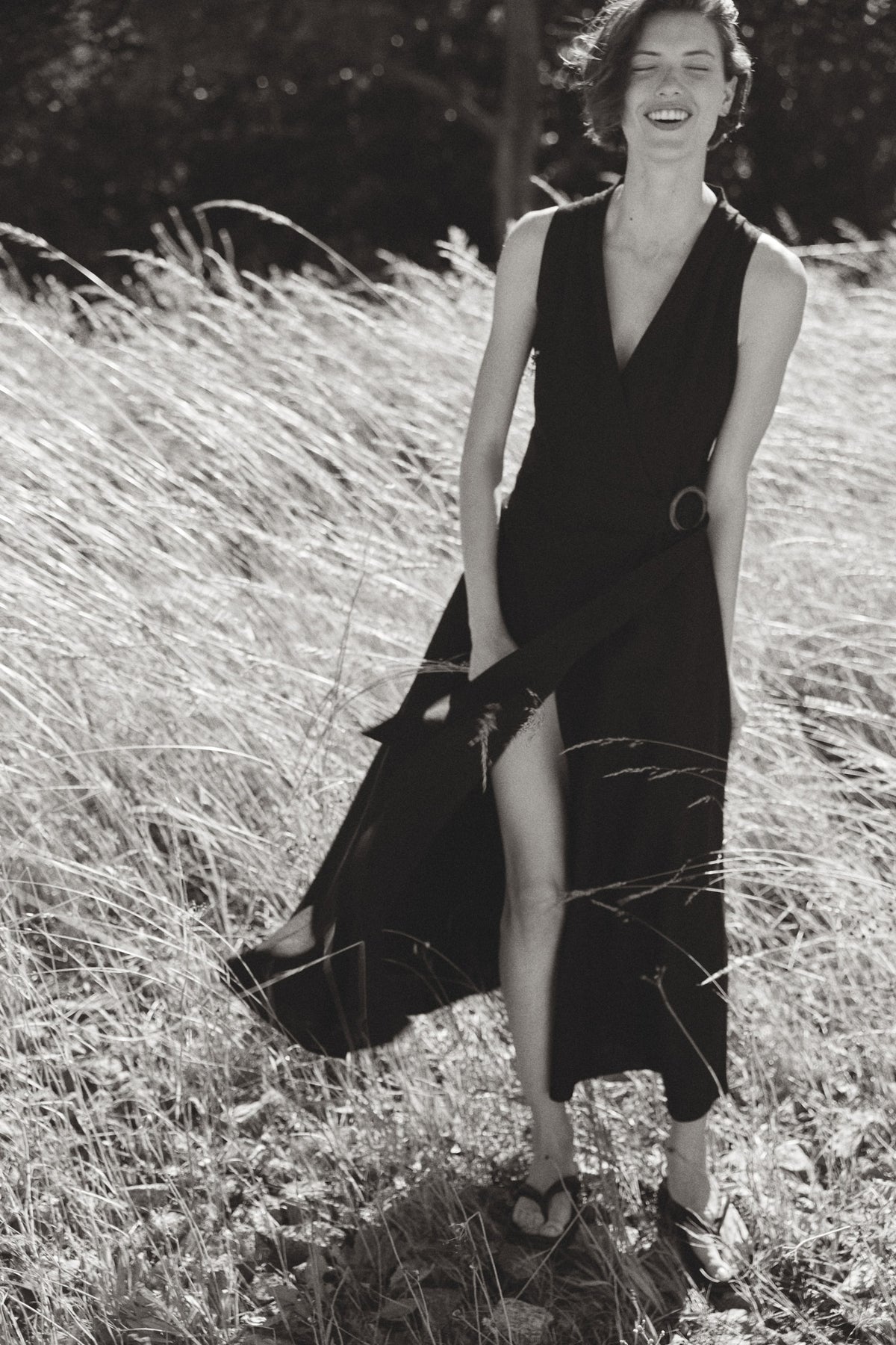 Women's Black Linen-Blend Wrap Dress