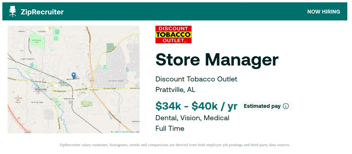 Store Manager Job in Prattville, AL at Discount Tobacco Outlet
