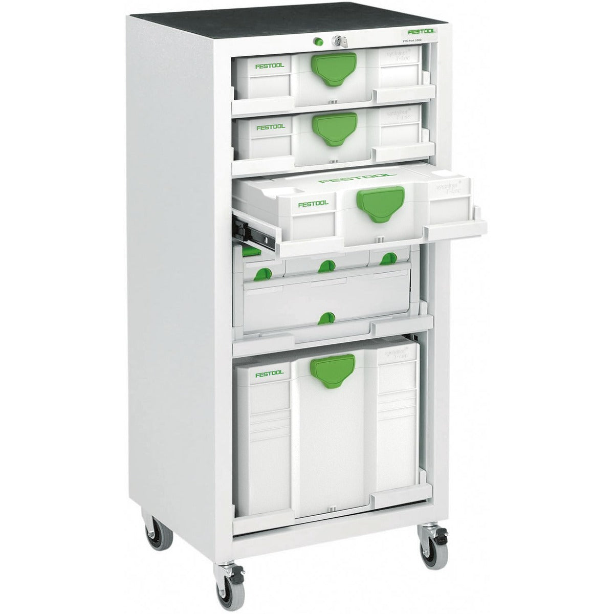 Festool Systainer-Port SYS-PORT 1000/2 mobiles Aufbewahrungssystem mit sechs weißen Schubladen und grünen Griffen