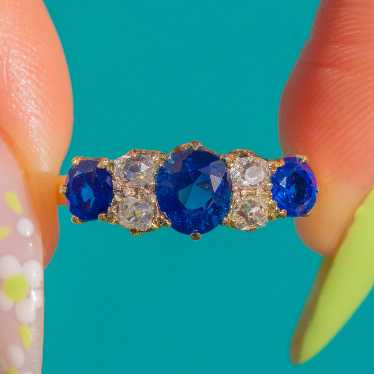 18ct Gold Kashmir Sapphire Seven Stone Diamond Ring, 2.20cts Natural Sapphires