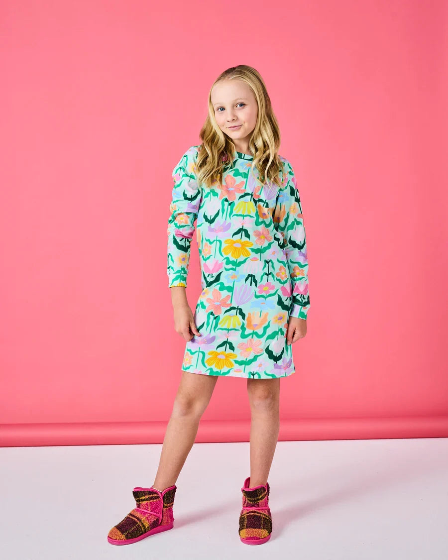 Kip and Co Popping Flowers Green Organic Cotton Long Sleeve Kids Nightie - product flatlay