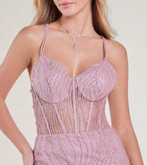 Loreli Lace-Up Glitter Striped Mermaid Gown