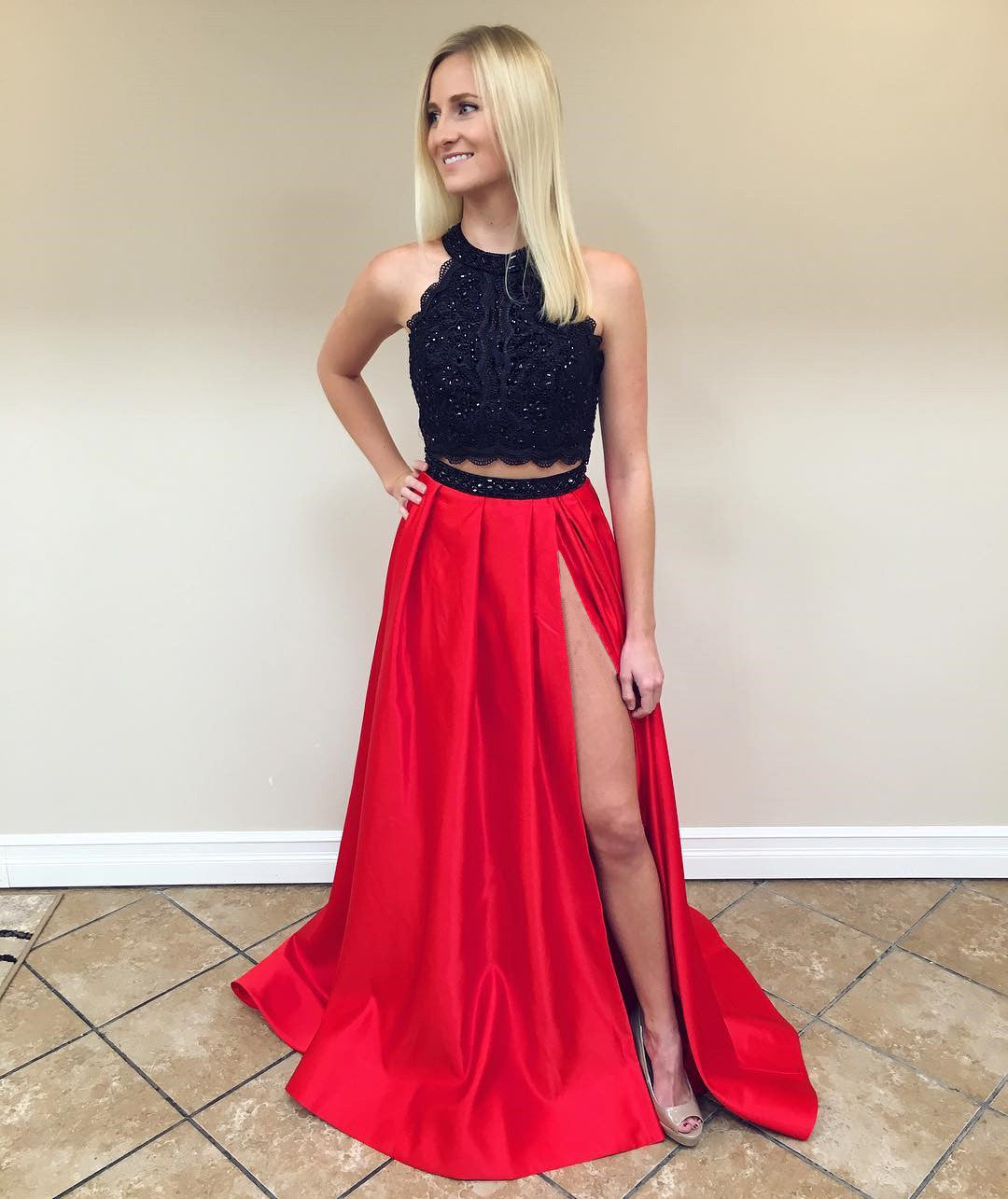 Gorgeous Two Piece Black and Red Long Prom Dress with Slit sold by lovedress on Storenvy