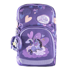 Frii of Norway school backpack unicorn purple, expandable 20-25L with heart pattern and unicorn patch