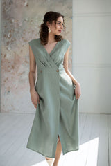 GRACE minimalist sleeveless linen wrap dress - sage green
