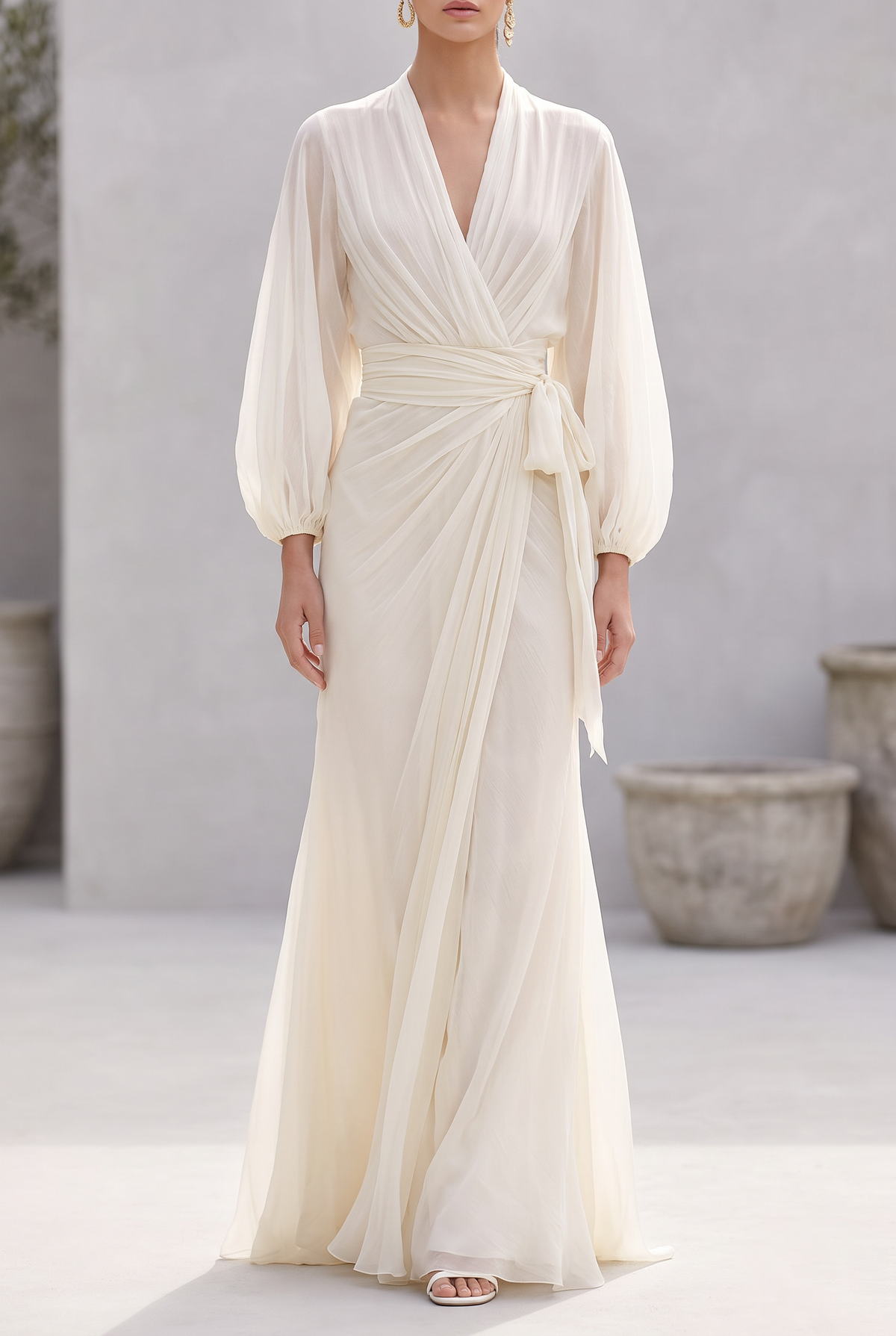 Ivory chiffon dress with puff sleeves and wrap detail - front view