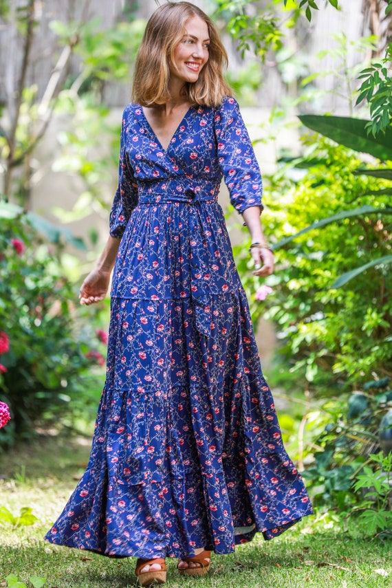 Floral Rayon Maxi Dress: Long Sleeve Boho Frill Evening Dress