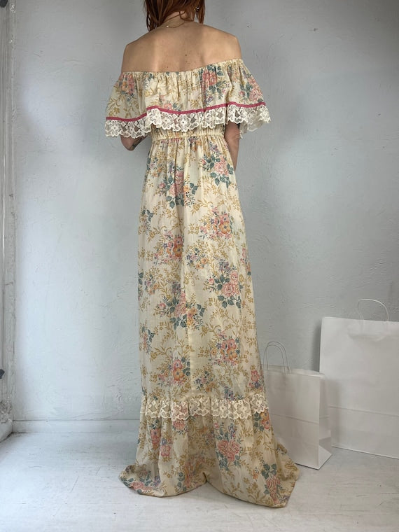 90s Beige Floral Print Peasant Dress / Small