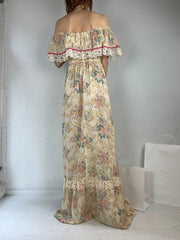 90s Beige Floral Print Peasant Dress / Small