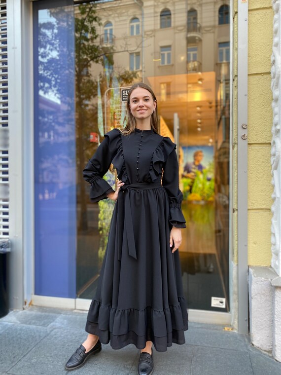 Maxi Vintage Long Sleeve Black Dress, Elegant Dress, Formal Dress, Evening Dress, Black Dress, Prom Dress, Wedding Guest Dress, Summer Dress