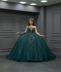 Green Quinceañera Dress, One-shoulder Wedding Gown