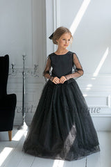 flower girl dres with pearls,Black tutu girl dress,Long sleeve flower girl dress,Tulle flower girl dress,Toddler girl dress,Girl party dress