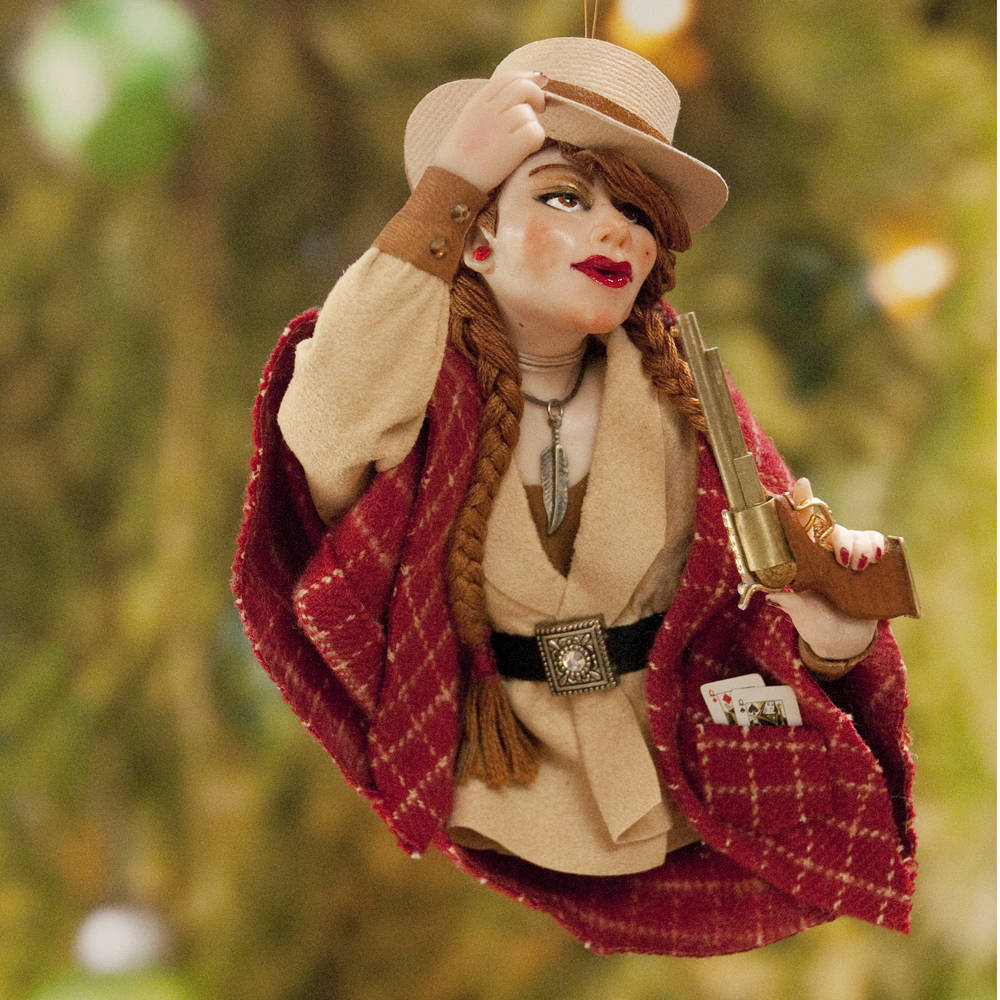 Cowboy art, american notorious gunslinger Calamity Jane, Cowboy Hanging ornament, Christmas ornament or art for a collector. Red cape-Limited Edition-kenfolks