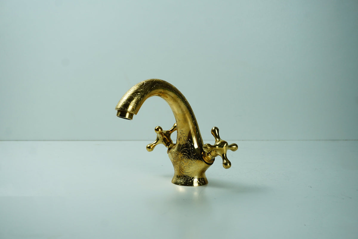Solid Brass Faucet Bathroom Sink, Engraved Single Hole Brass Vanity Faucet