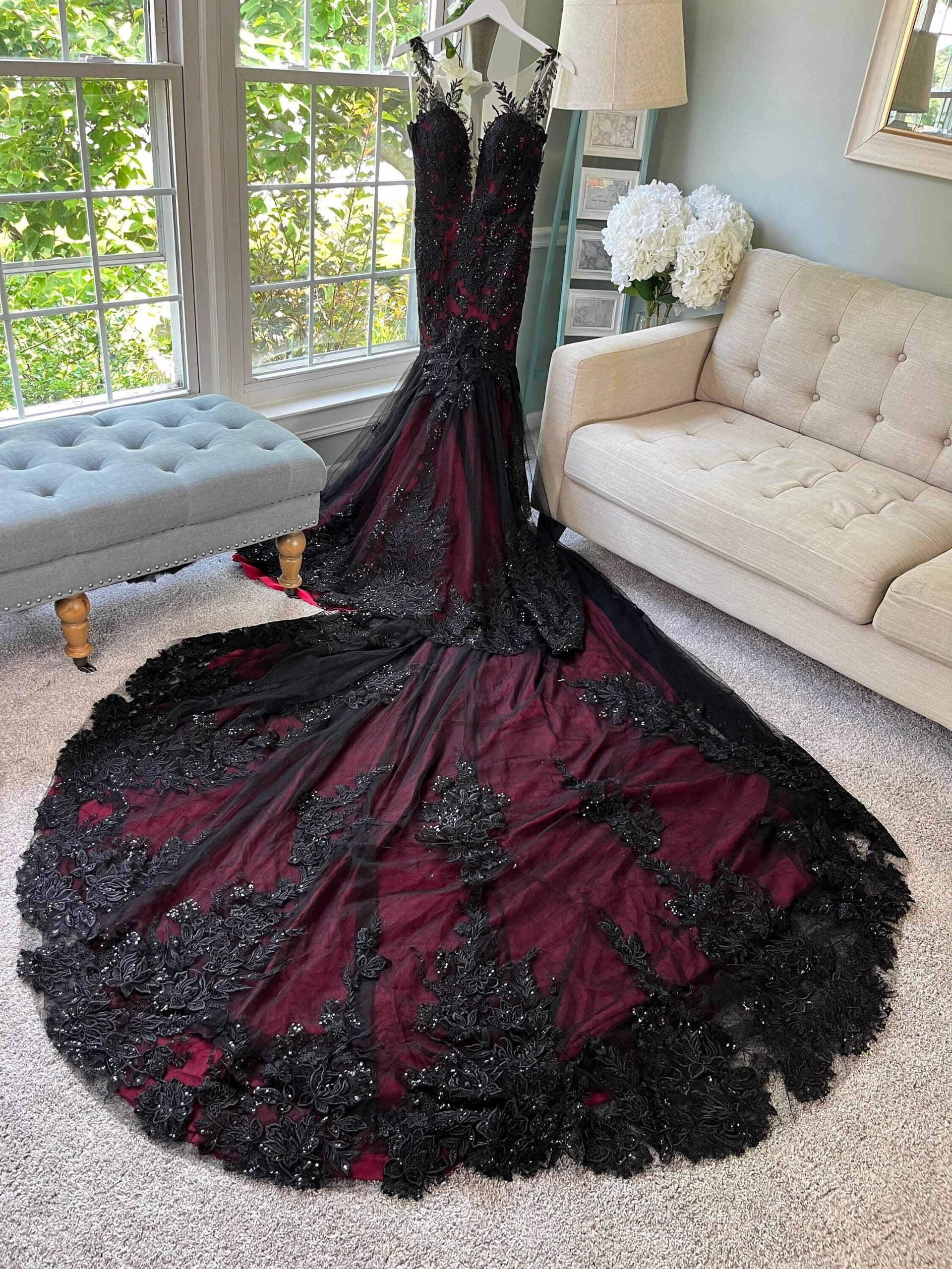 Krista Black and Dark Red Wedding Dress, Gothic Wedding Dress, Trumpet Black Dress, Black Lace Wedding Dress, Illusion Back Wedding Dress