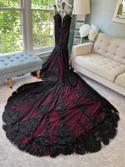 Krista Black and Dark Red Wedding Dress, Gothic Wedding Dress, Trumpet Black Dress, Black Lace Wedding Dress, Illusion Back Wedding Dress