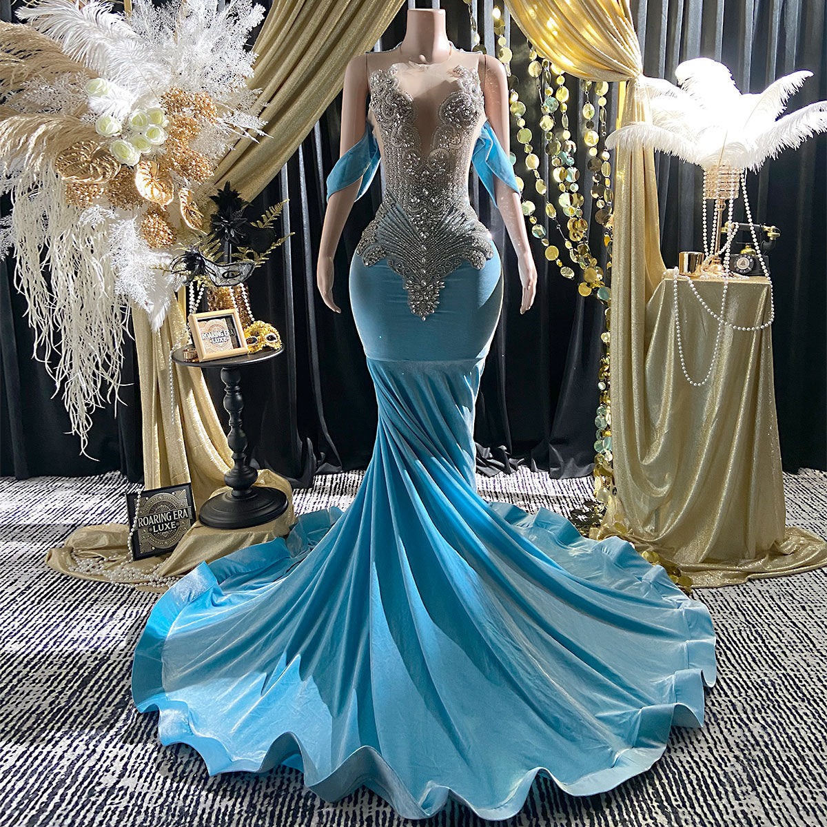 Turquoise Blue Rhinestone Appliqué Evening Dress - Handcrafted Couture Gown Crystals