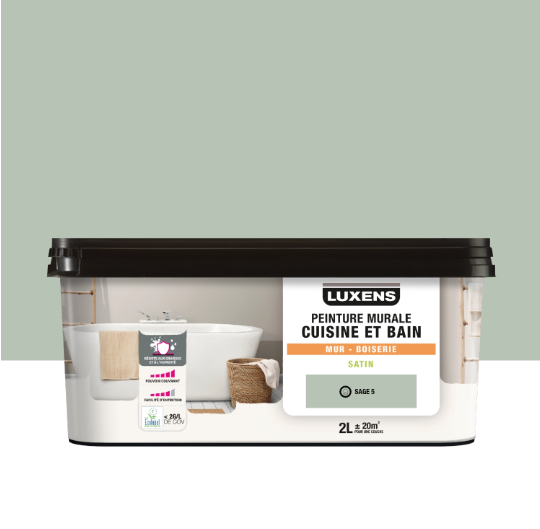 Peinture mur, boiserie sage 5 satin LUXENS Cuisine et bain 2L