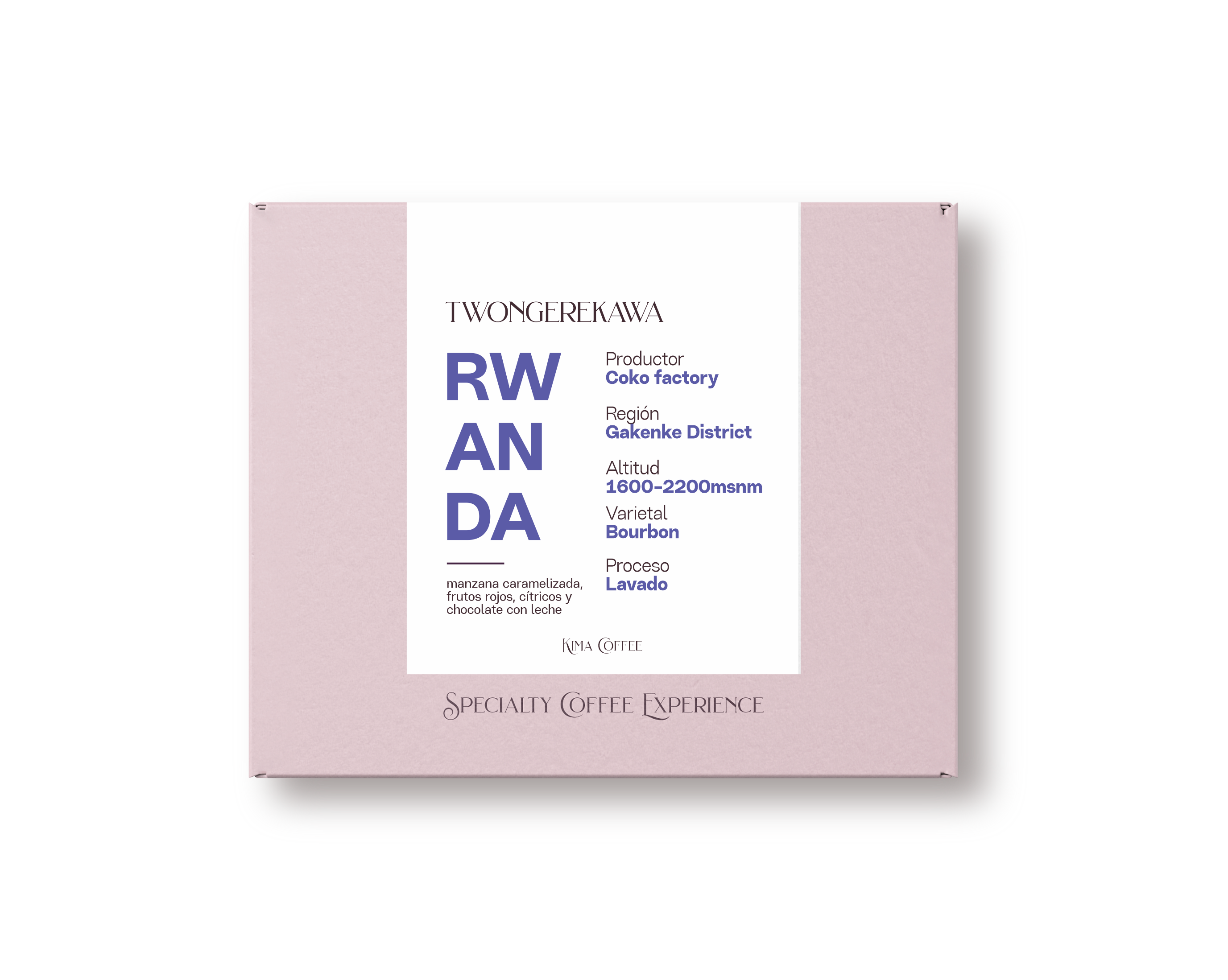 caja rosa de kima coffee, cafe de ruanda, finca twongerekawa, productor coko factorey, region de gakenke distrit, altitud entre 1600 y 2200 metros sobre el nivel del mar, variedad bourbon, proceso lavado, con notas a manzana caramelizada, frutos rojos, citricos y chocolate con leche