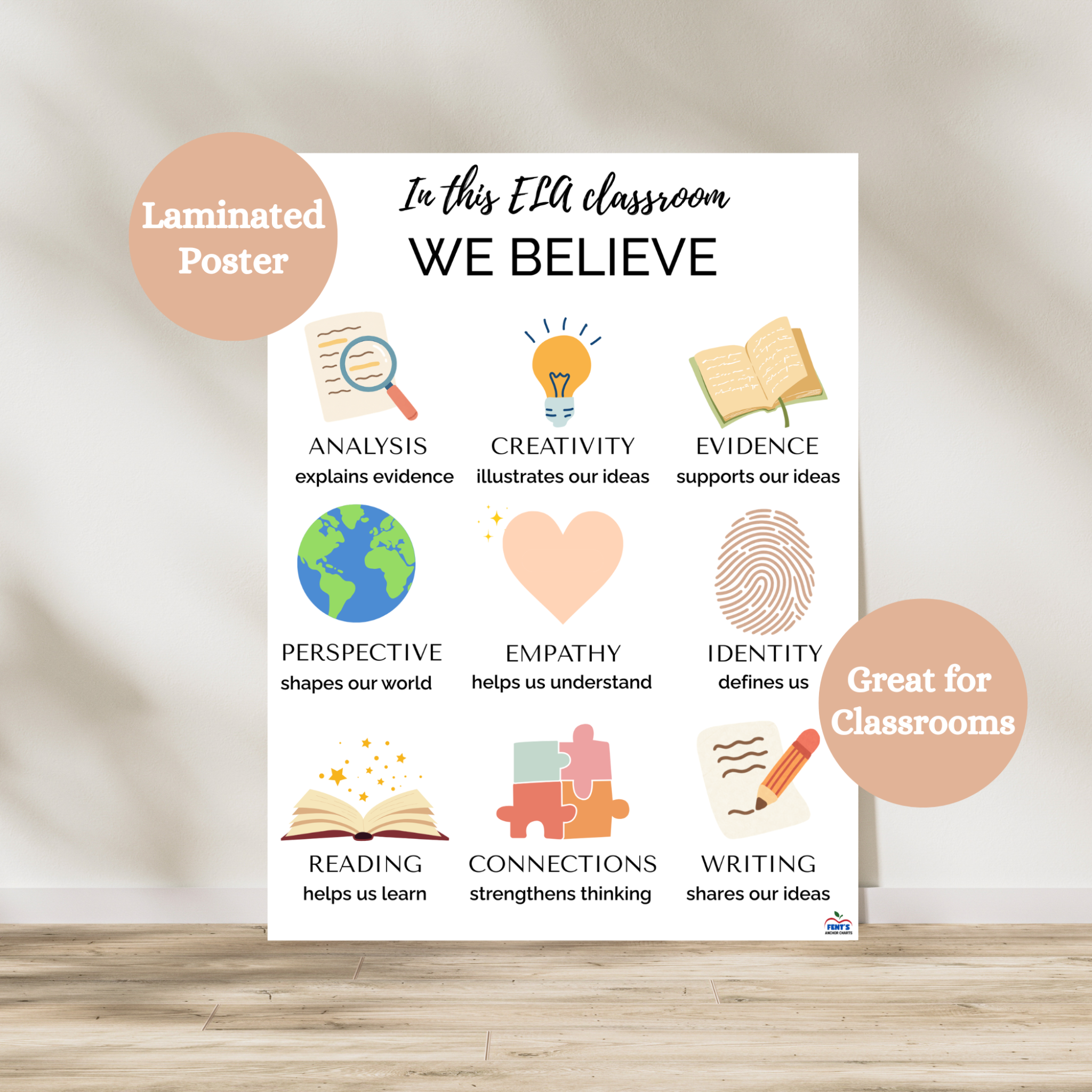 Laminated in this ELA classroom we believe poster for elementary, middle school, and high school English Language Arts classroom decor. Featuring 9 key features of English and graphics to go with each. Colorful and laminated, great for children.