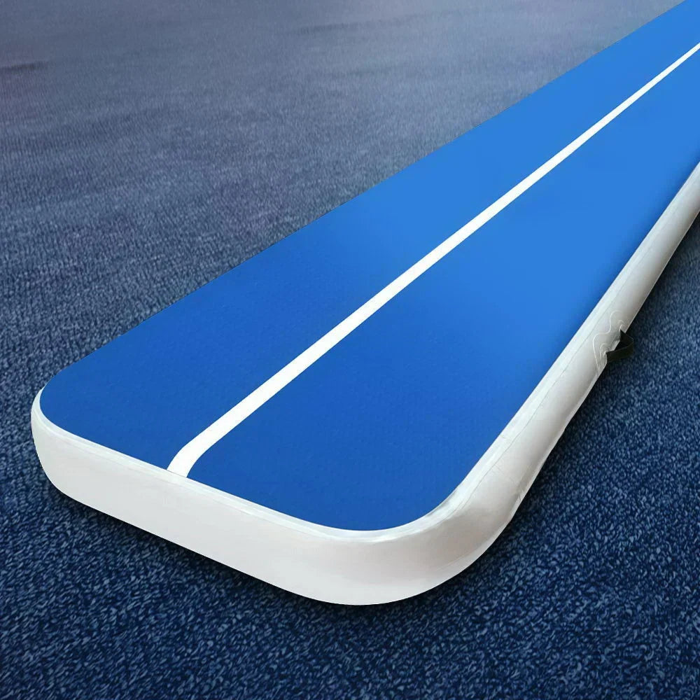 Blue 4m inflatable air track with slim posts and mounting brackets