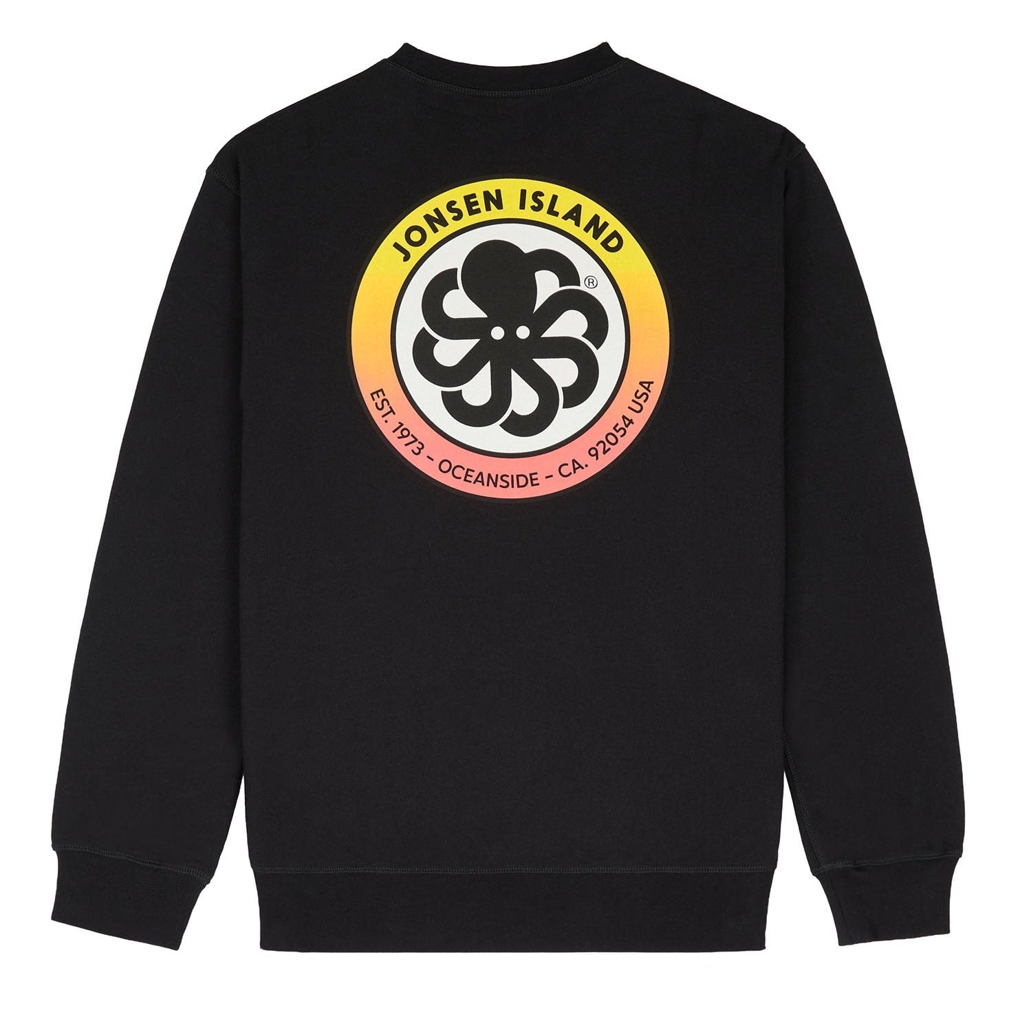 sweatshirt noir vue de dos avec logo ron jonsen jaune et orange