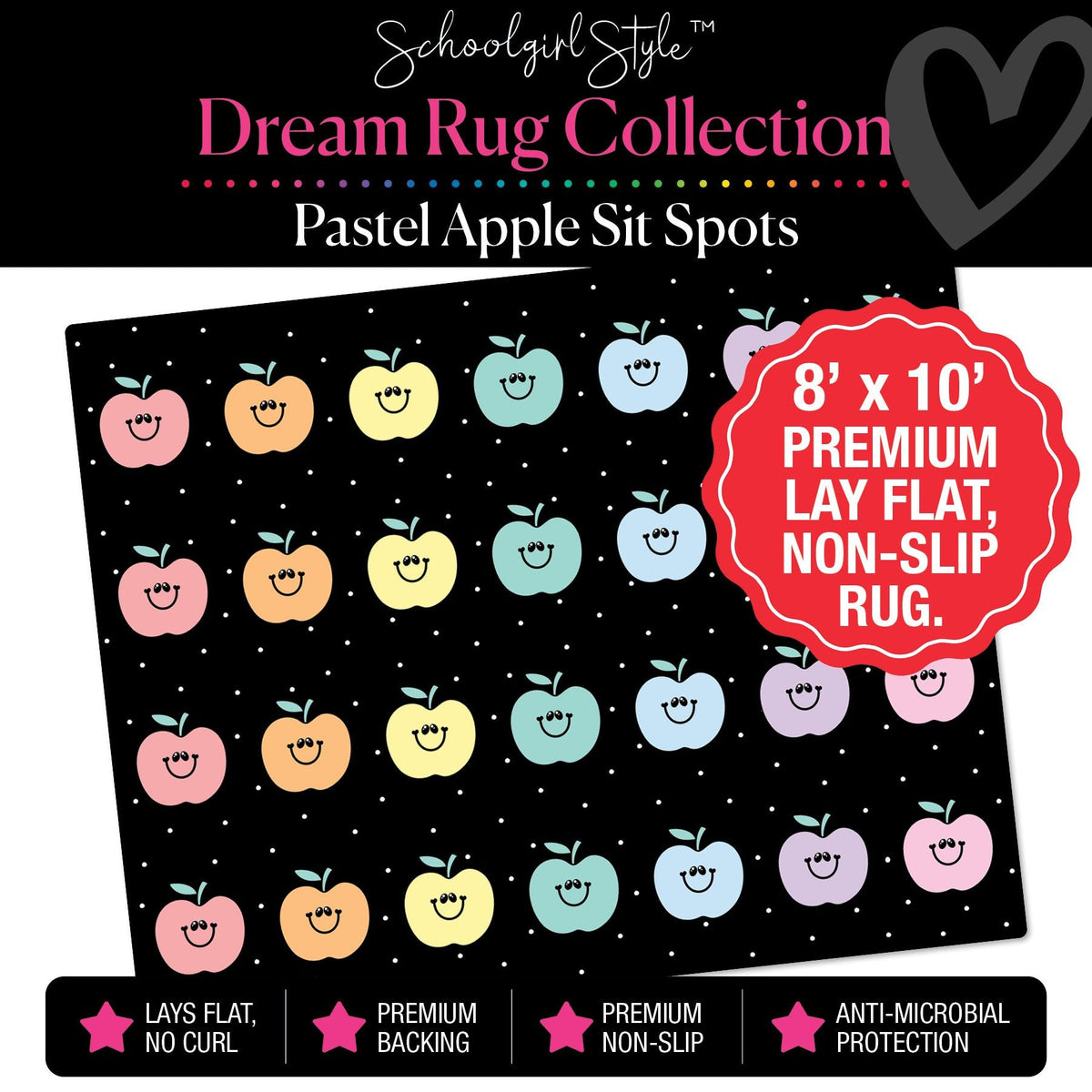 Pastel Apple Sit Spot on Black Background Classroom Rug by Schoolgirl Style