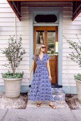 Navy Shell Eyelet Short Sleeve V-Neck Maxi Dress
