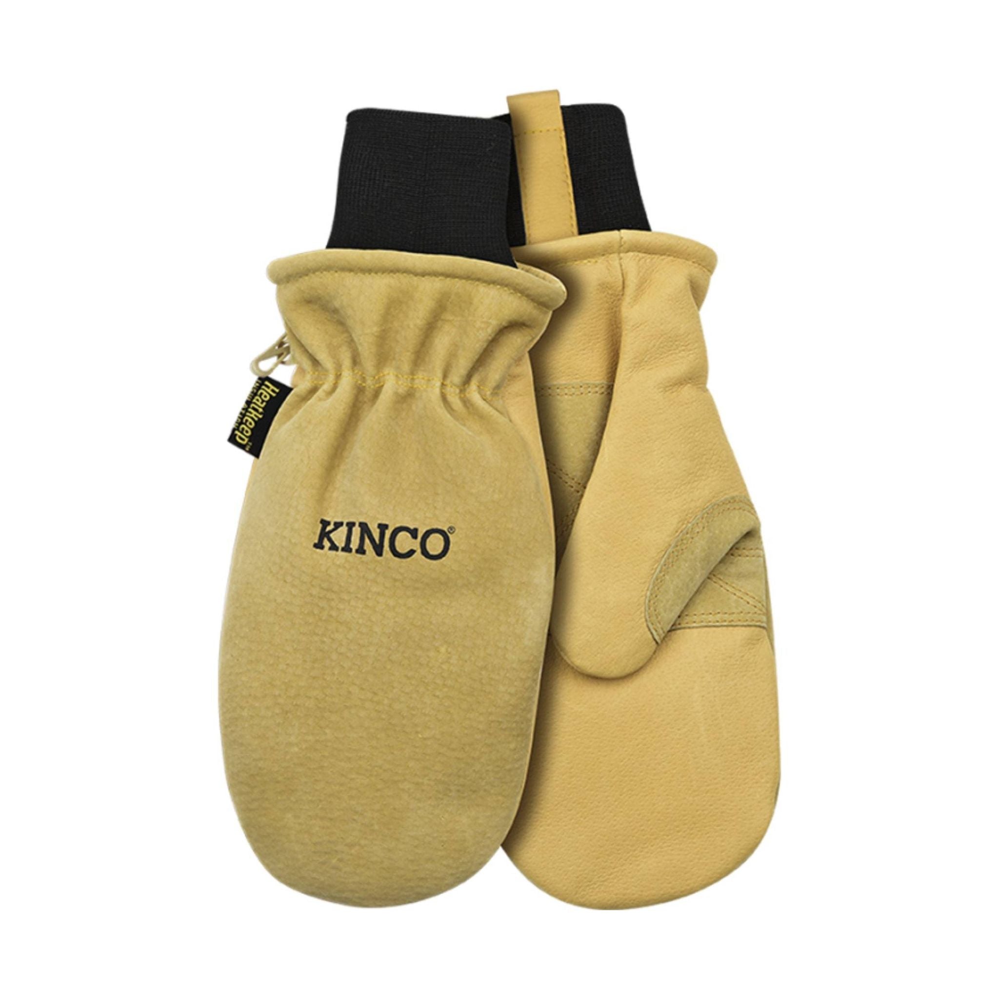 Pair of tan leather mittens with black knit cuffs and visible KINCO branding