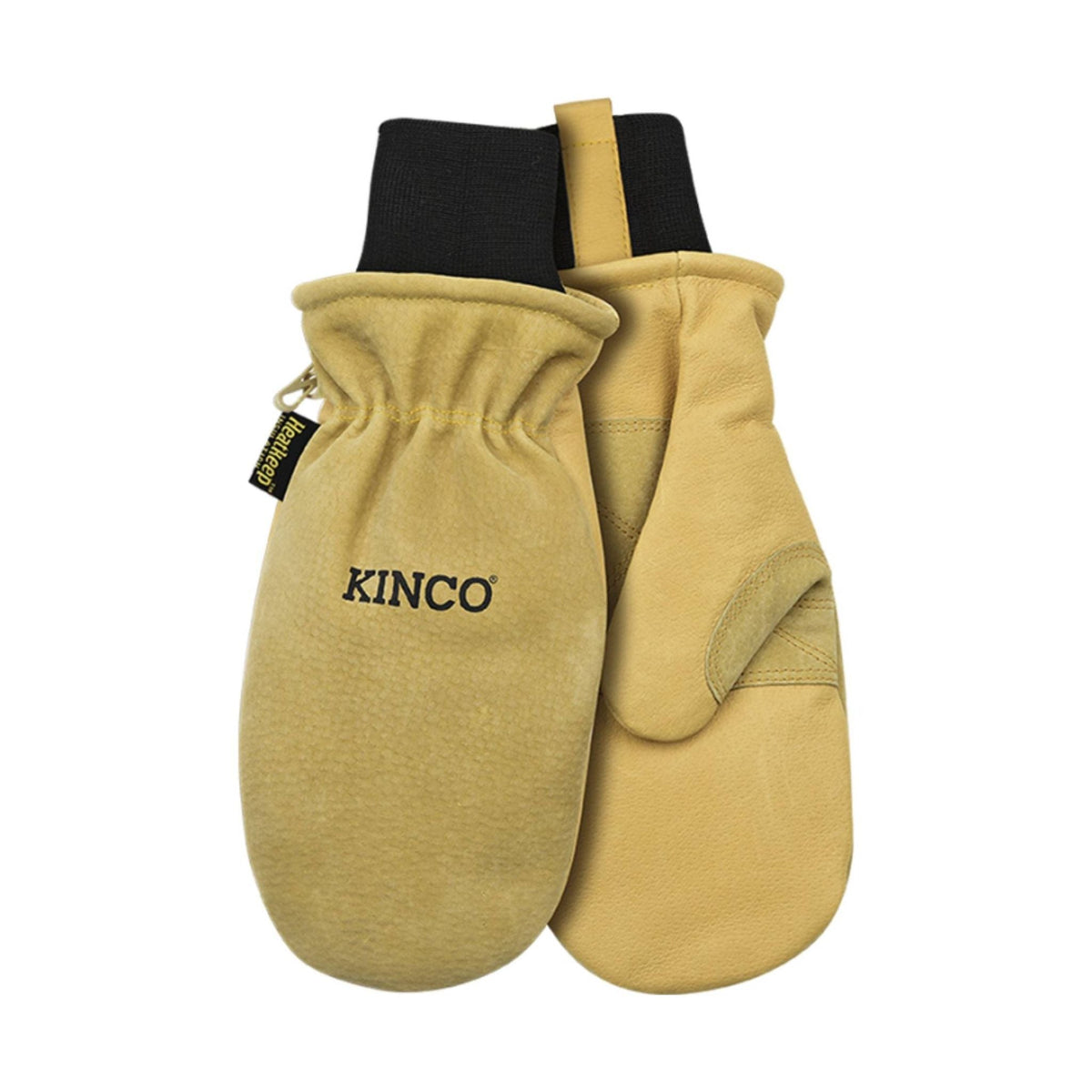 Pair of tan leather mittens with black knit cuffs and visible KINCO branding