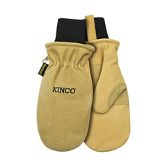 Pair of tan leather mittens with black knit cuffs and visible KINCO branding