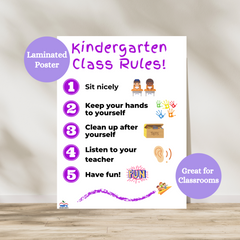 Laminated kindergarten classroom expectations anchor chart featuring bright, kid-friendly illustrations and clear behavior guidelines. Designed to help young learners understand classroom rules in a fun and visual way. Laminated for durability.