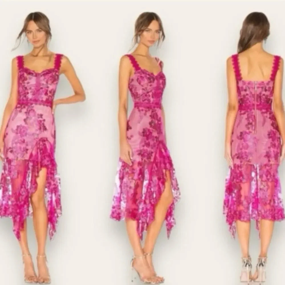 Bronx and Banco | Dresses | Bronx And Banco Eva Sleeveless Embroidered Floral Midi Dress In Fuchsia Small