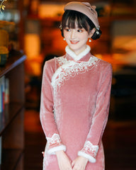 Long Sleeve Wool Collar Winter Cheongsam Dress