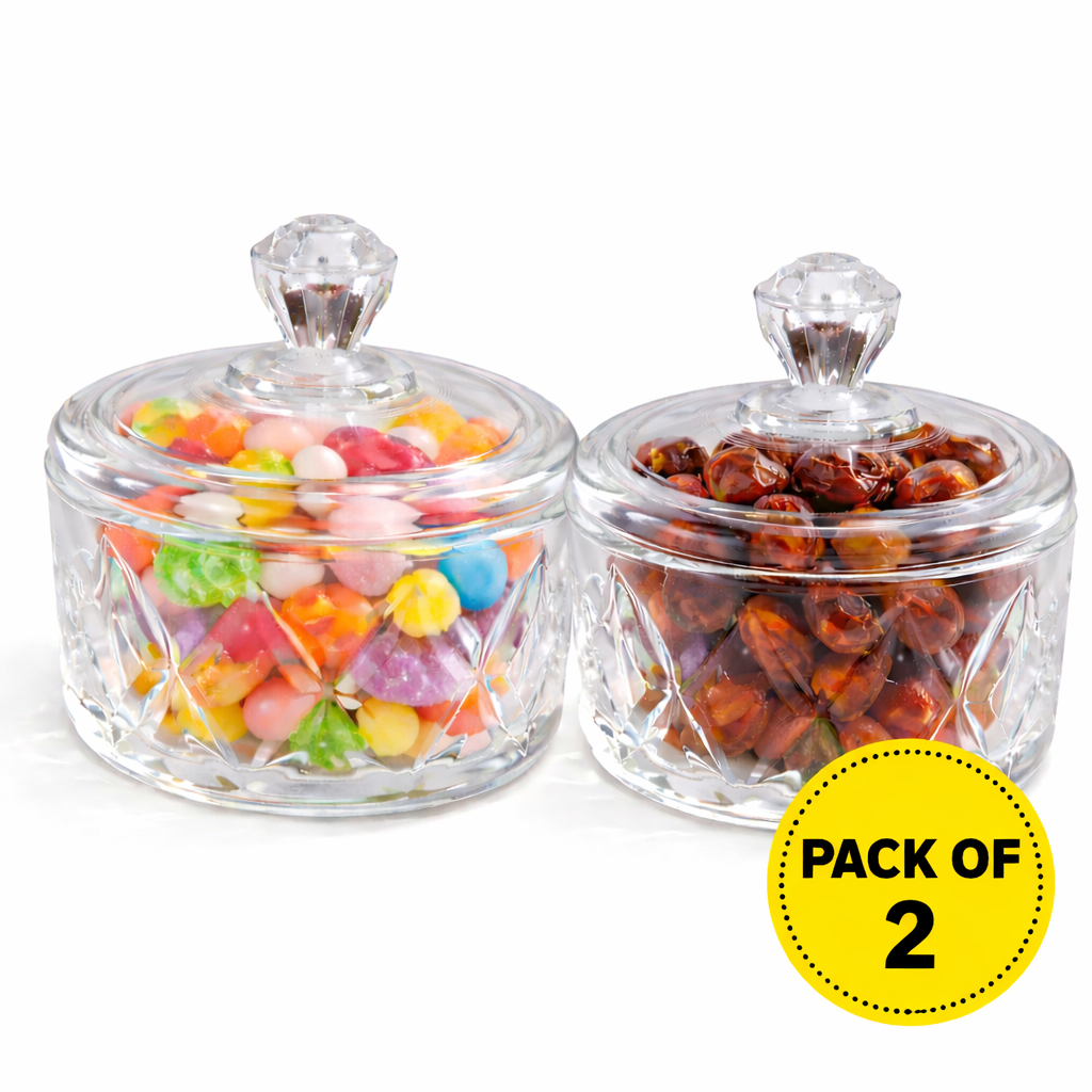 Two glass jars with lids, one containing colorful candies and the other dried fruits, on a white background. A yellow 'Pack of 2' label is visible.