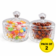 Two glass jars with lids, one containing colorful candies and the other dried fruits, on a white background. A yellow 'Pack of 2' label is visible.