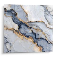Tableau marbre abstrait aux veines dorées serpentant sur fond bleu ardoise et blanc nacré