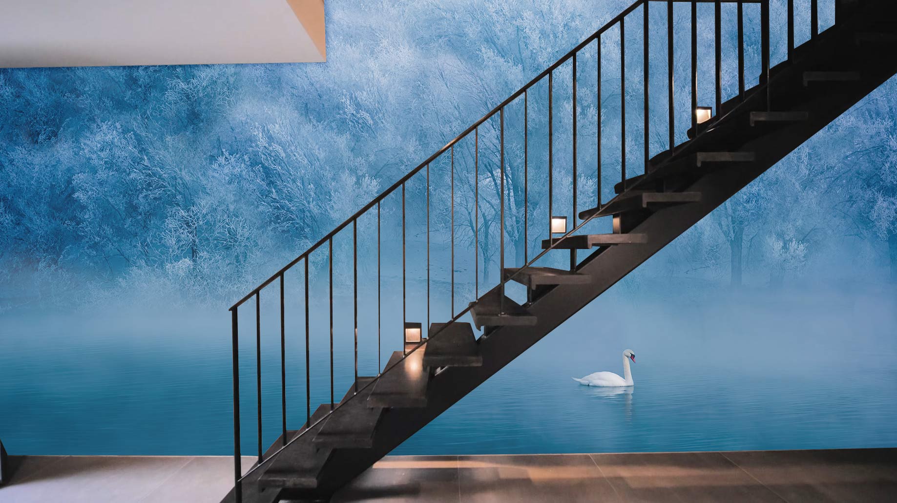 Ethereal Winter Wonderland frosted mural with swan, staircase, modern flooring, spacious minimalist room decor.