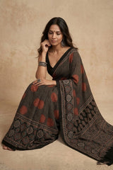 Mitti Ke Rang ~ Ajrakh Handblock Printed Modal Silk Saree with Stripe in Black - verymuchindian.com