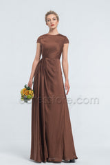 Modest LDS Cinnamon Satin Bridesmaid Dresses Cap Sleeves