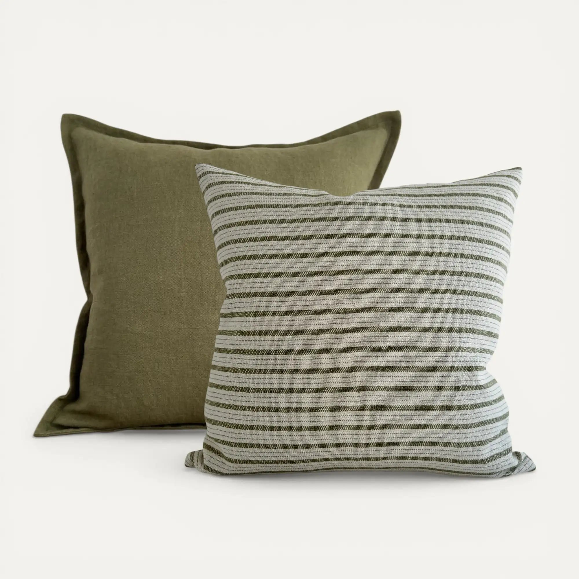 Olive green linen cushion cover set with plain and striped cushions
