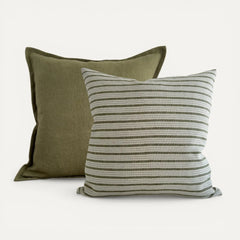 Olive green linen cushion cover set with plain and striped cushions