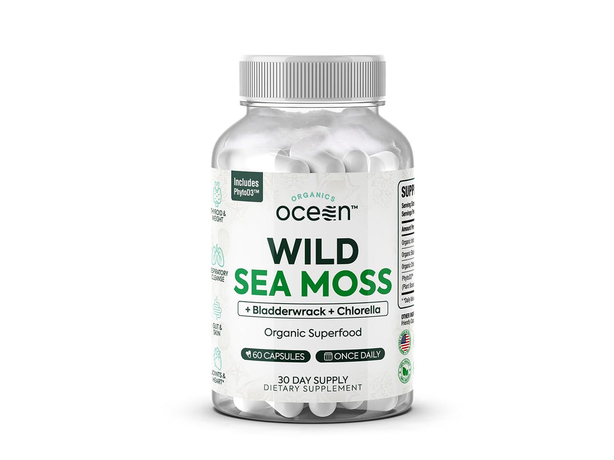 Bottle of Organics Ocean Wild Sea Moss Capsules on white background