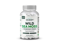 Bottle of Organics Ocean Wild Sea Moss Capsules on white background