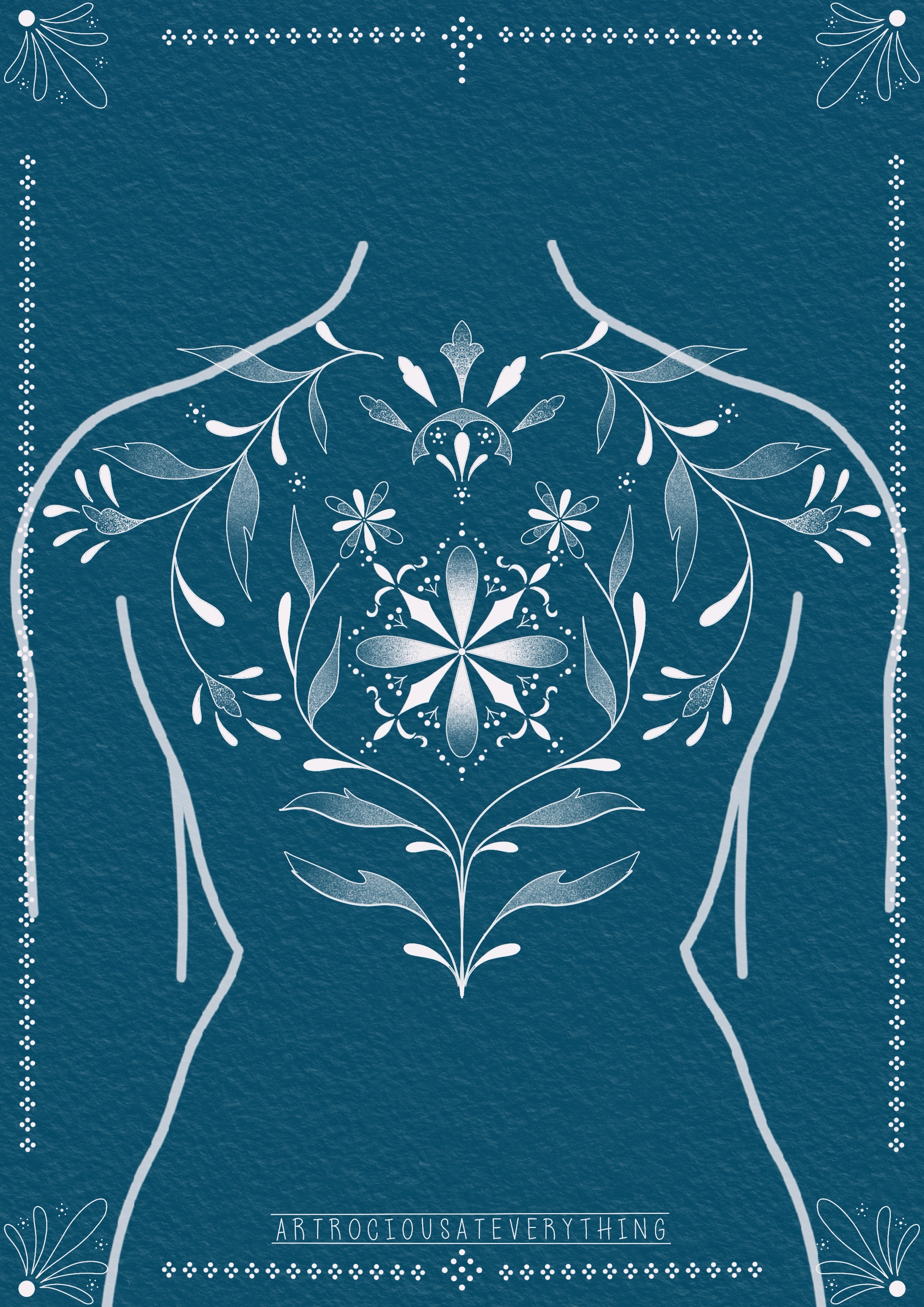 Ornamental back tattoo design by Jess featuring fine linework and surreal feminine detailing – The Ink Factory Dublin
