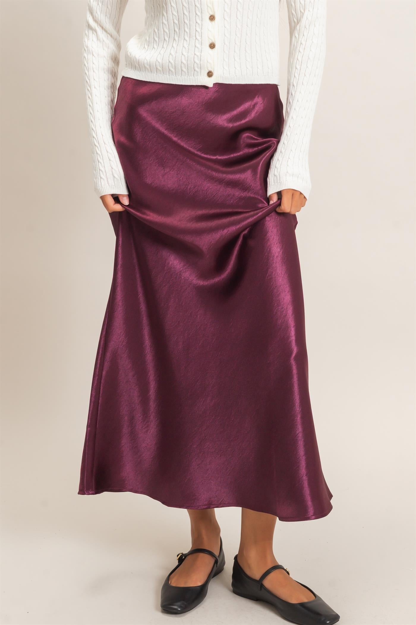 Wholesale Satin Midi Skirt Skirts DZ26C962 DARK CHERRY DOUBLE ZERO
