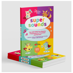 the front cover of the super sounds phase 1 phonics programme,  linked to the Learning Lady you tube channel. It includes all the planning, stories, ongs and games needed to prepare peschoolers for reading.