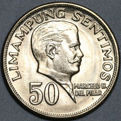 1972 Philippines 50 Sentimos GEM BU Marcelo Del Pilar Coin (25020701R)