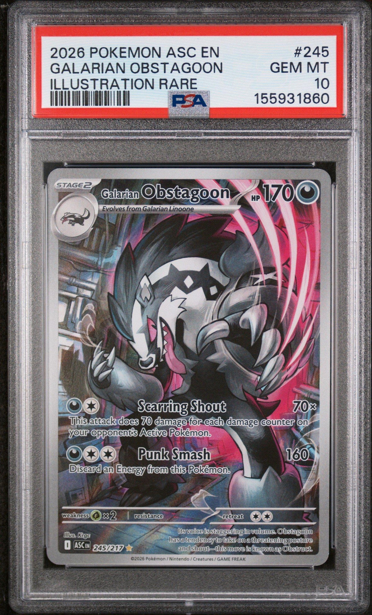 2026 Pokemon Asc En-ascended Heroes 245 Galarian Obstagoon Illustration  Rare PSA 10 Graded Card