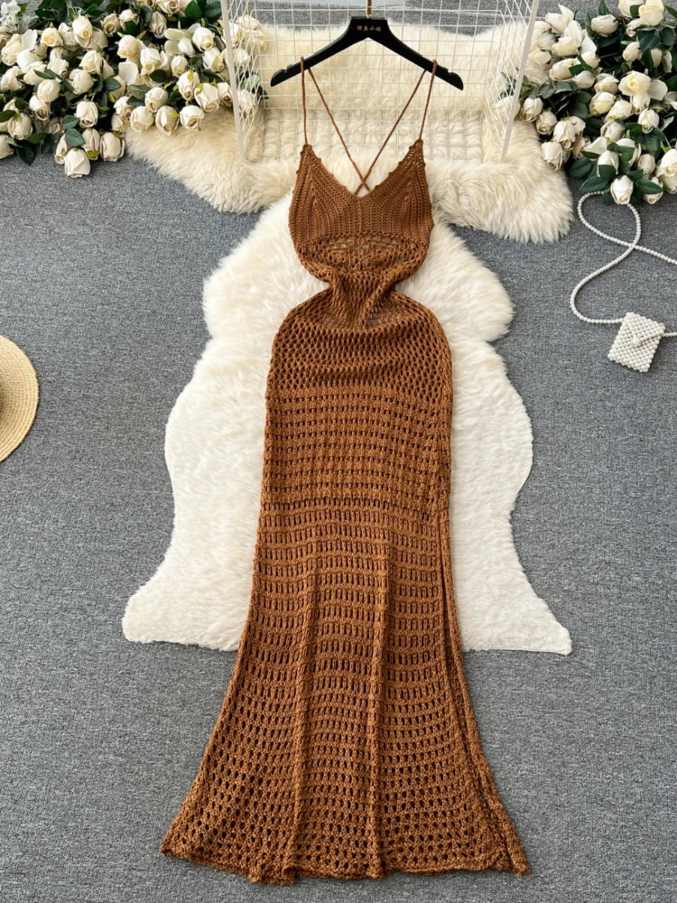 Summer Beach Brown Crochet Maxi Dress